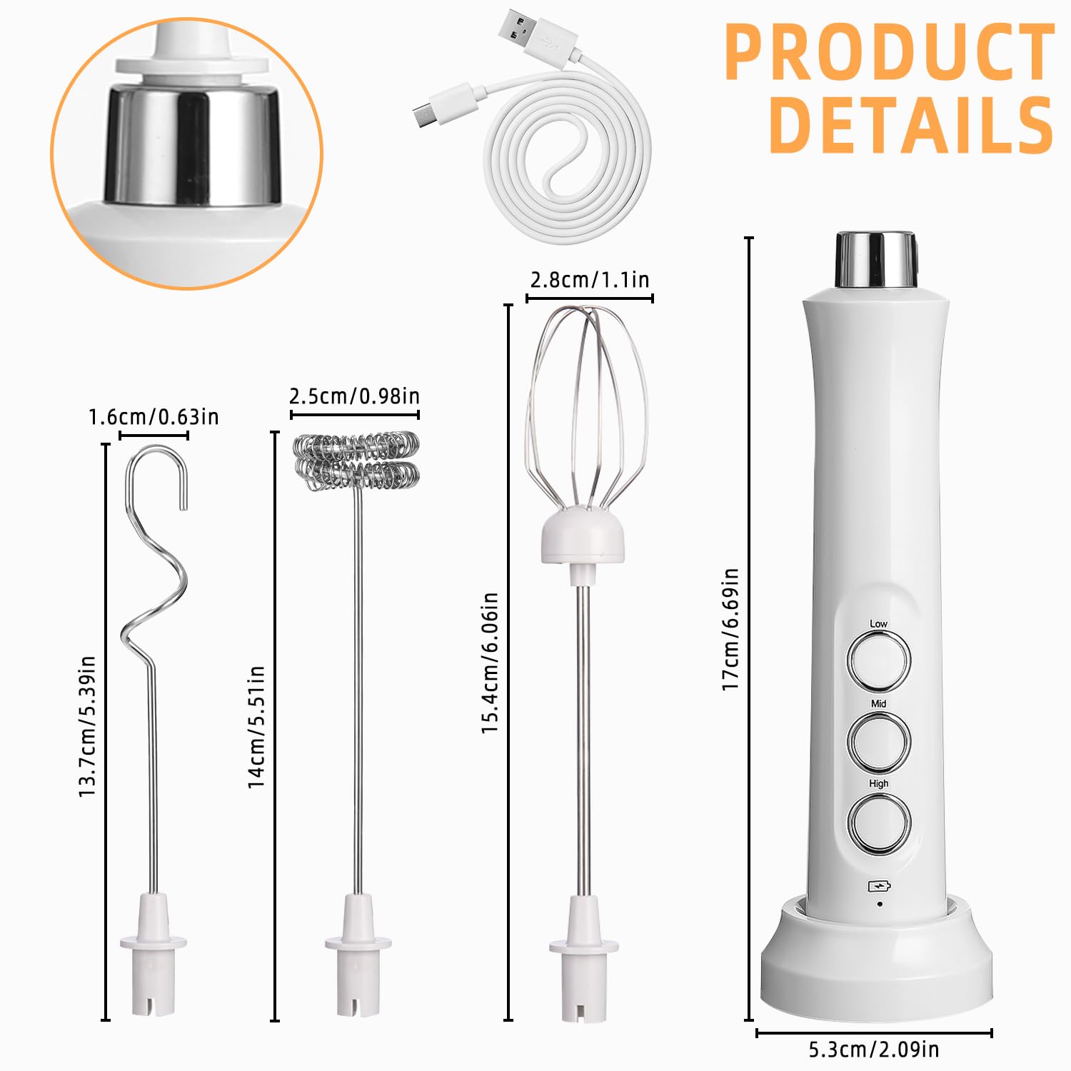 Montalatte Elettrico USB, frullino montalatte con 3 frullino in acciaio inox,3 velocità regolabili,Potente Schiumalatte Elettrico per Caffè, Latte, Cappuccino, Matcha (bianco)