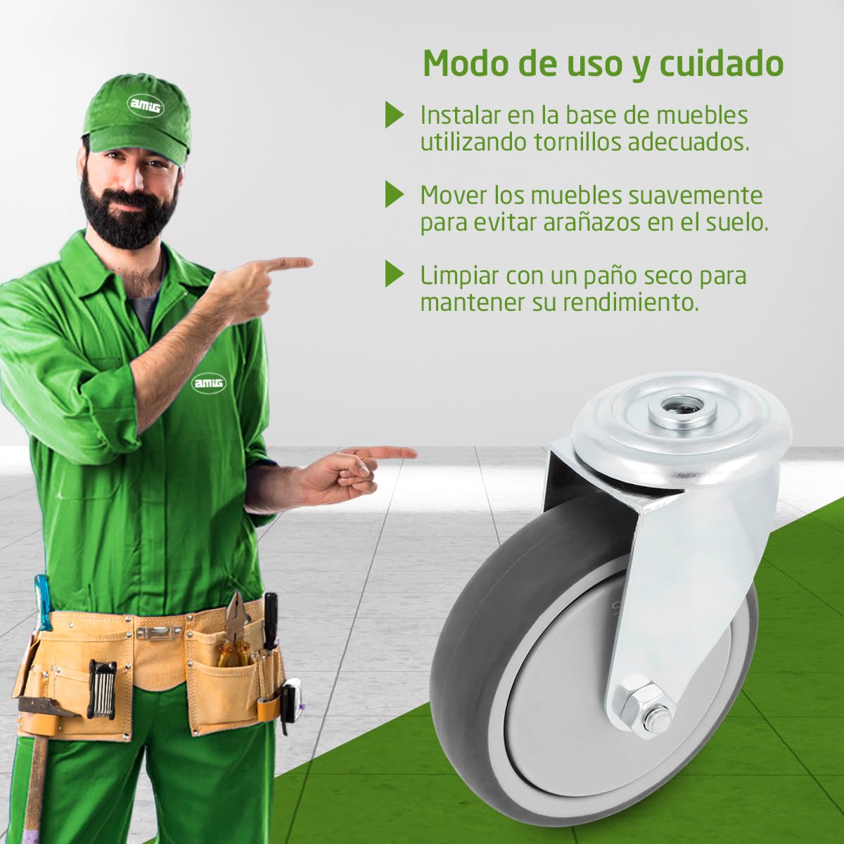 Amig- Pack de 4 Ruedas para Muebles - Con Agujero- Ø100 mm - Carga Máxima por rueda 110 kg- Pletina de Acero- Fabricada con Goma- Sin Freno- Ideales para Mover Equipos Industriales y Muebles Pesados