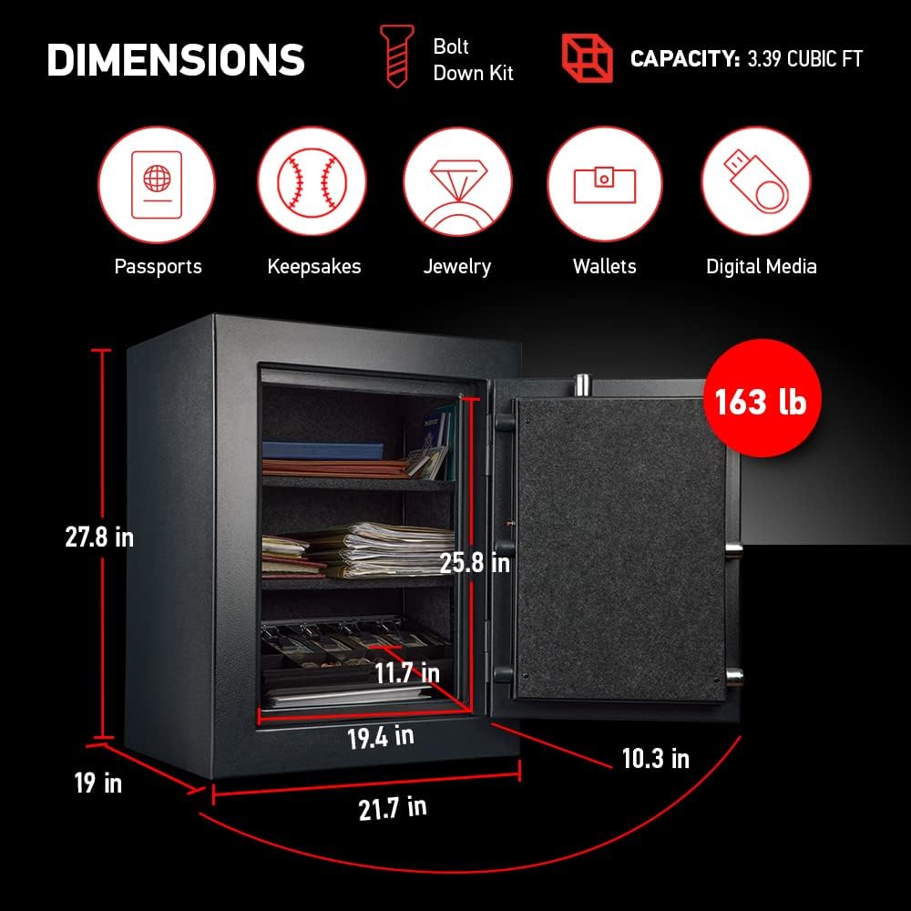 SentrySafe Fireproof and Waterproof XX-Large Black Steel Home Safe, DOJ-Certified with Digital Keypad Lock for Guns or Documents, 3.39 Cubic Feet, 27.8 x 21.7 x 19 Inches, EF3428E