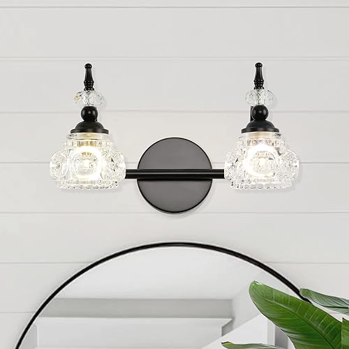 2 Light Black Bathroom Vanity Light, Bathroom Vanity Lights Over Mirror, with Fine Chunky Crystal Glass Light Shade for Bedroom Living Room Bathroom