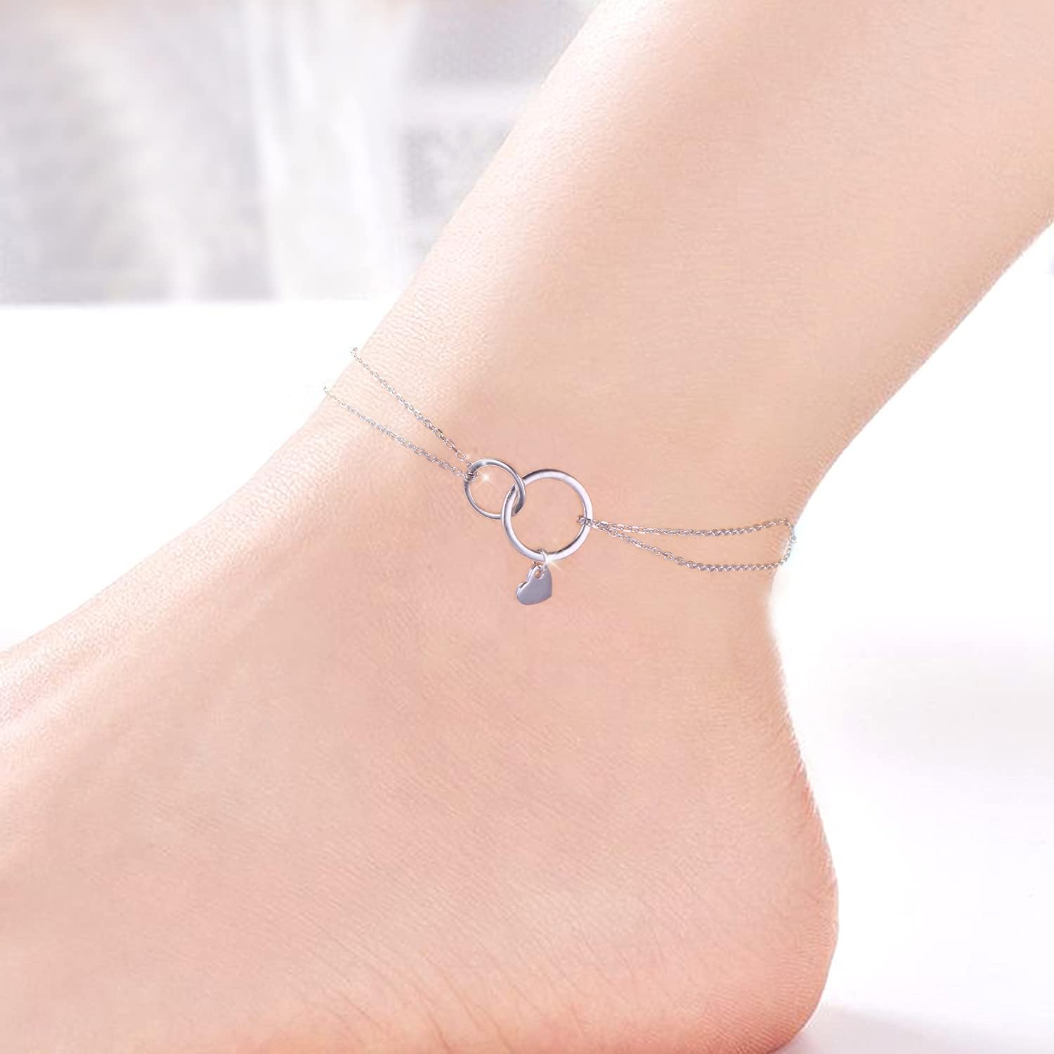 FLYOW Two circles Layered Anklet 925 Sterling Silver for Women Adjustable Heart Ankle Bracelet Boho Beach Foot Chain 9+1.5 Inch Charm Jewelry Birthday Gifts (Two Circles 9+1.5) - Image 3