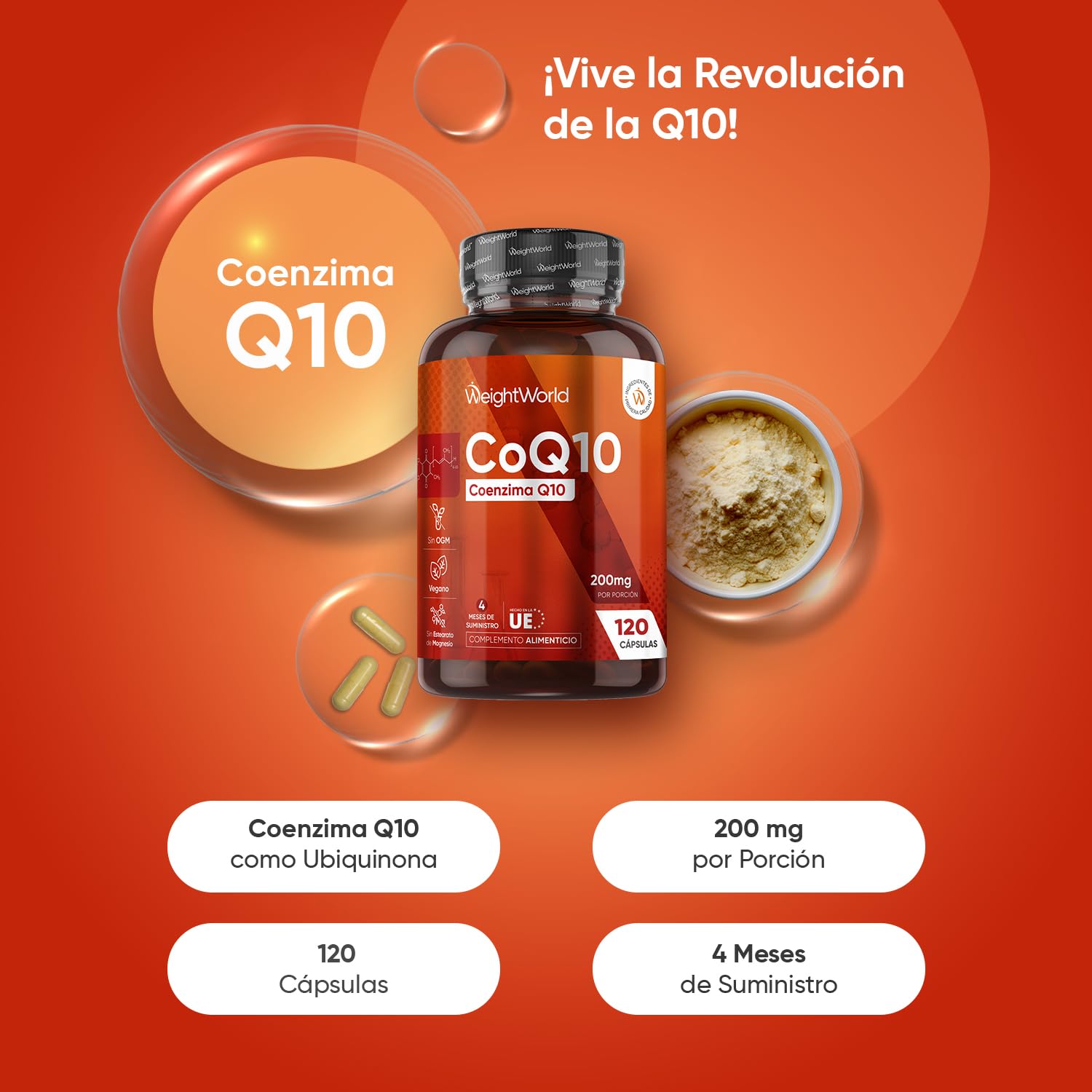 Coenzima Q10 200mg de Concentración 120 Cápsulas Veganas, 4 Meses de Suministro - Ubiquinona CoQ10, Suministro de 4 Meses, Sin Gluten, OGM ni Estearato de Magnesio