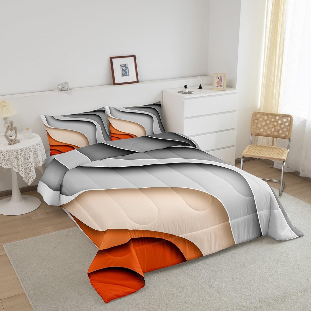 Erosebridal Ocean Wave Comforter Set Abstract Bedding Sets Queen, Red Grey Gradient Bedding Sets & Collections Gray Orange Ombre Down Comforter, Tropical Coastline Bed Set for Kids Boys Girls Bedroom