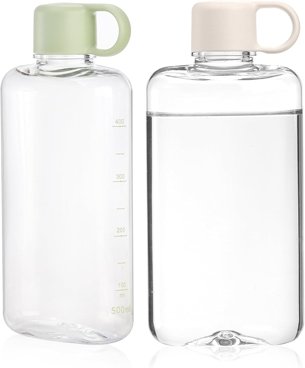 ZEAYEA 2 Pack Portable Flat Water Bottle, 17 oz BPA Free Slim Drinking Bottle, Plastic Travel Water Bottle for Outdoor Sports, Camping, Fitness, Fits Purse Bag Pocket
