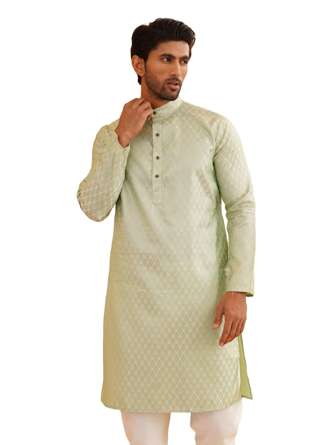 Sojanya (Since 1958 Men's Silk Blend Pista Green Color Self Design Only Long Kurta