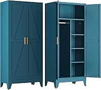 COFAR 71" Peacock Blue Metal Wardrobe Closet with Adjustable Shelves & Hanging Rod - Farmhouse Armoire for Bedroom Garage Laundry