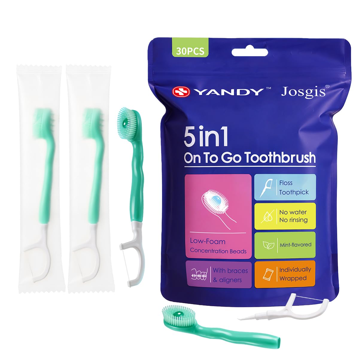 Cepillo de dientes desechable de viaje, paquete de 30 envueltos individualmente, cuidado bucal todo en uno con cuentas refrescantes de menta, no necesita agua, cepillo de dientes para llevar