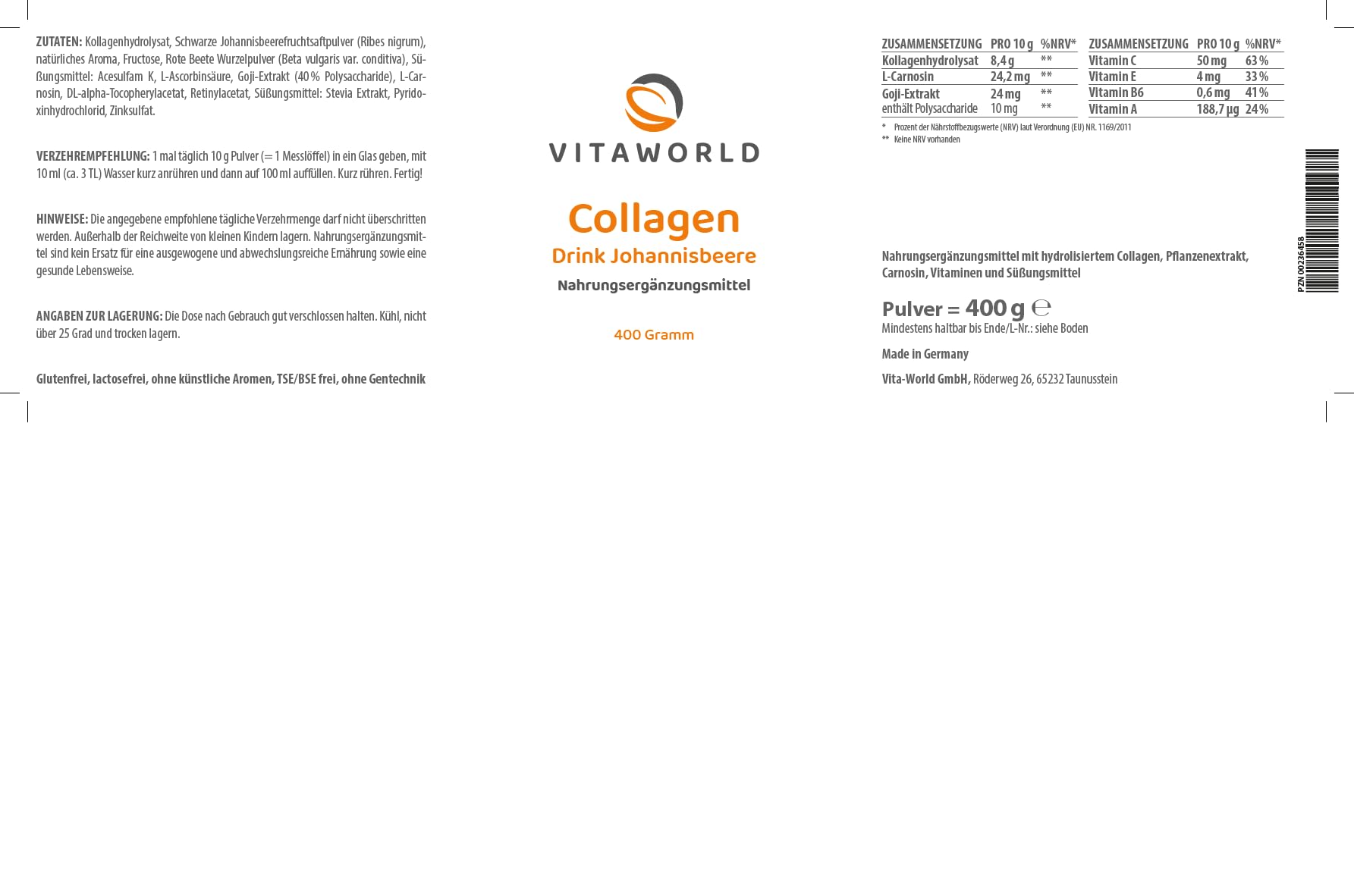3er Pack Vita World Collagen Lift Drink Pulver Johannisbeere 1200g Kollagen Apotheker-Herstellung