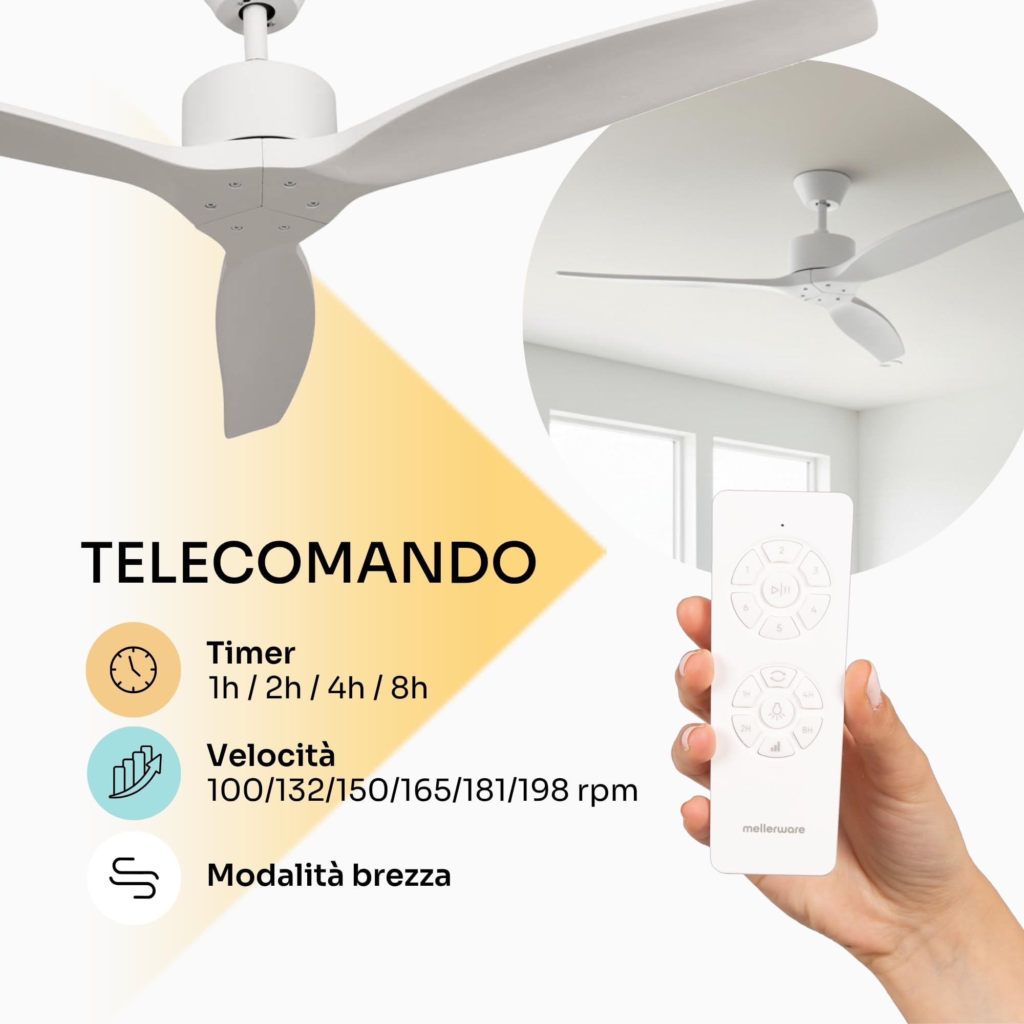 Mellerware - Ventilatore da soffitto con telecomando Brizy! 45W | Potente, Ultra silenzioso | 3 pale | Diametro 132cm | 6 velocità | Timer | Funzioni estate inverno | Stanze fino a 20m2 | Bianco