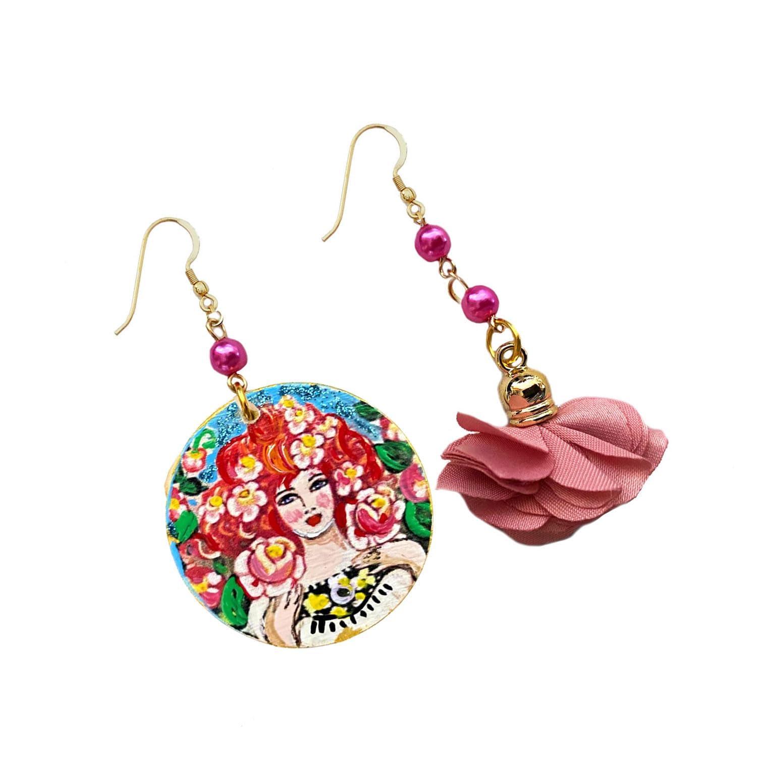 Pendientes pintados a mano – HOMENAJE A ALPHONSE MUCHA - Pendientes colgantes de mujer, Joyas de madera pintada, Gancho de plata, Made in Italy, Bisutería decorada, Elaboración artesanal