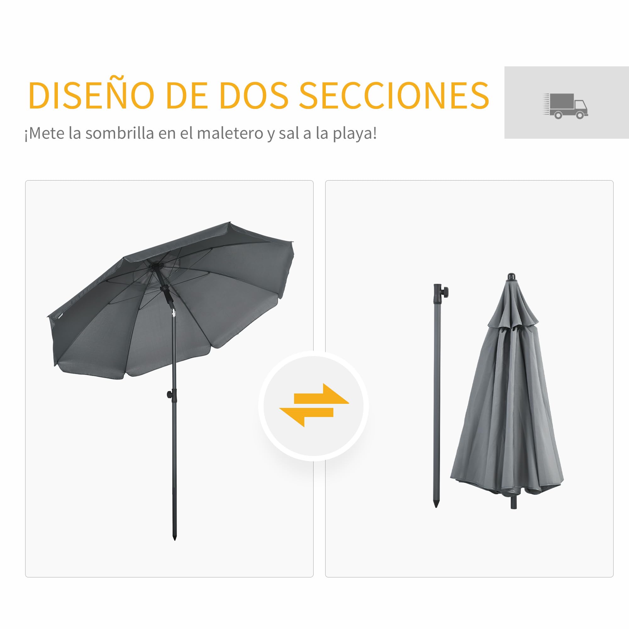 Outsunny Sombrilla de Playa Ø180 cm Toldo Inclinable 45° UV50+ Azul | Sombrilla de Terraza Exterior Grande, Impermeable, Mástil de Ø32 mm