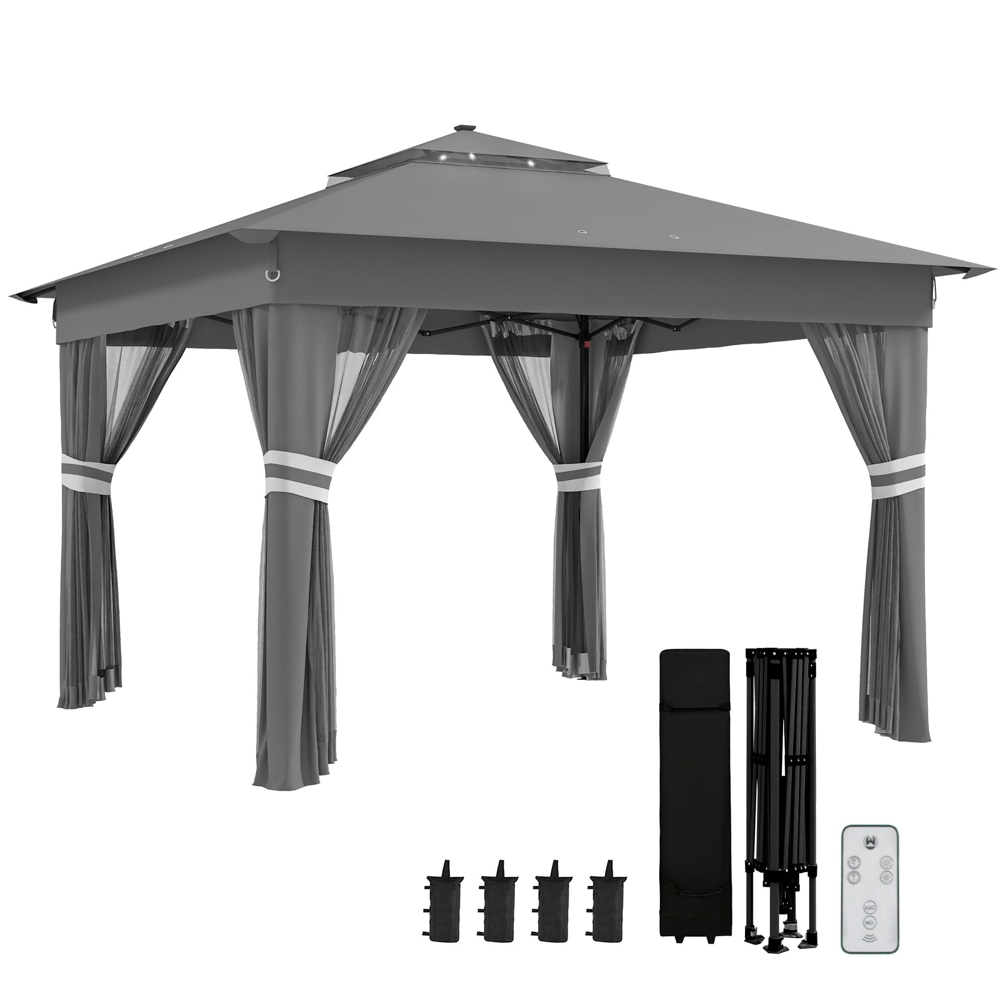 Outsunny 3.36 x 3.36m Pop Up Gazebo with Sides, 20 Solar-Powered LED Lights, Netting, Roller Bag, 4 Weight Bags, Marquee Party Tent, Height Adjustable Instant Event Shelter, Grey