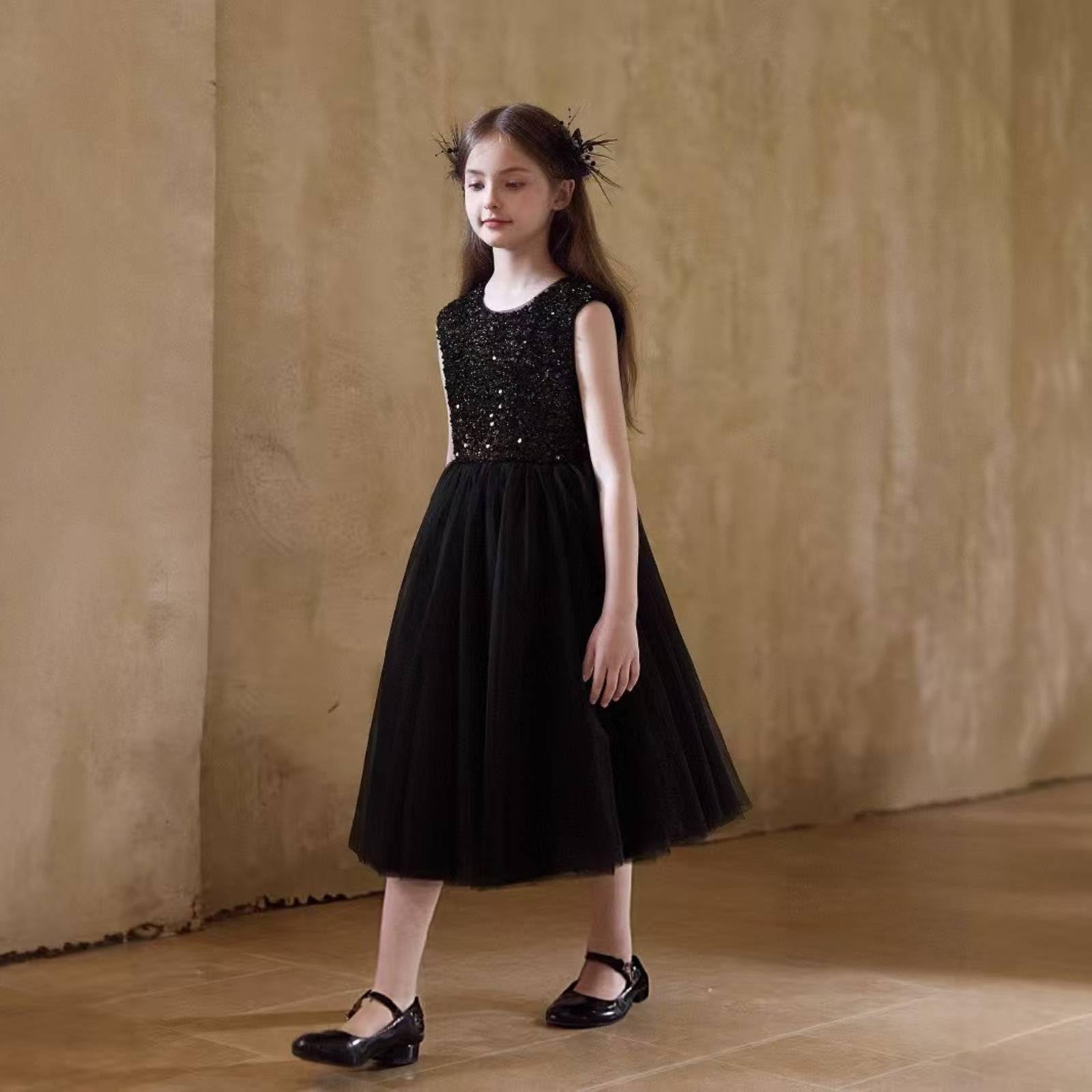 Vestido de Actuación sin Mangas Esponjoso Vestido de Fiesta Negro Infantil Forro para Ocasiones Formales