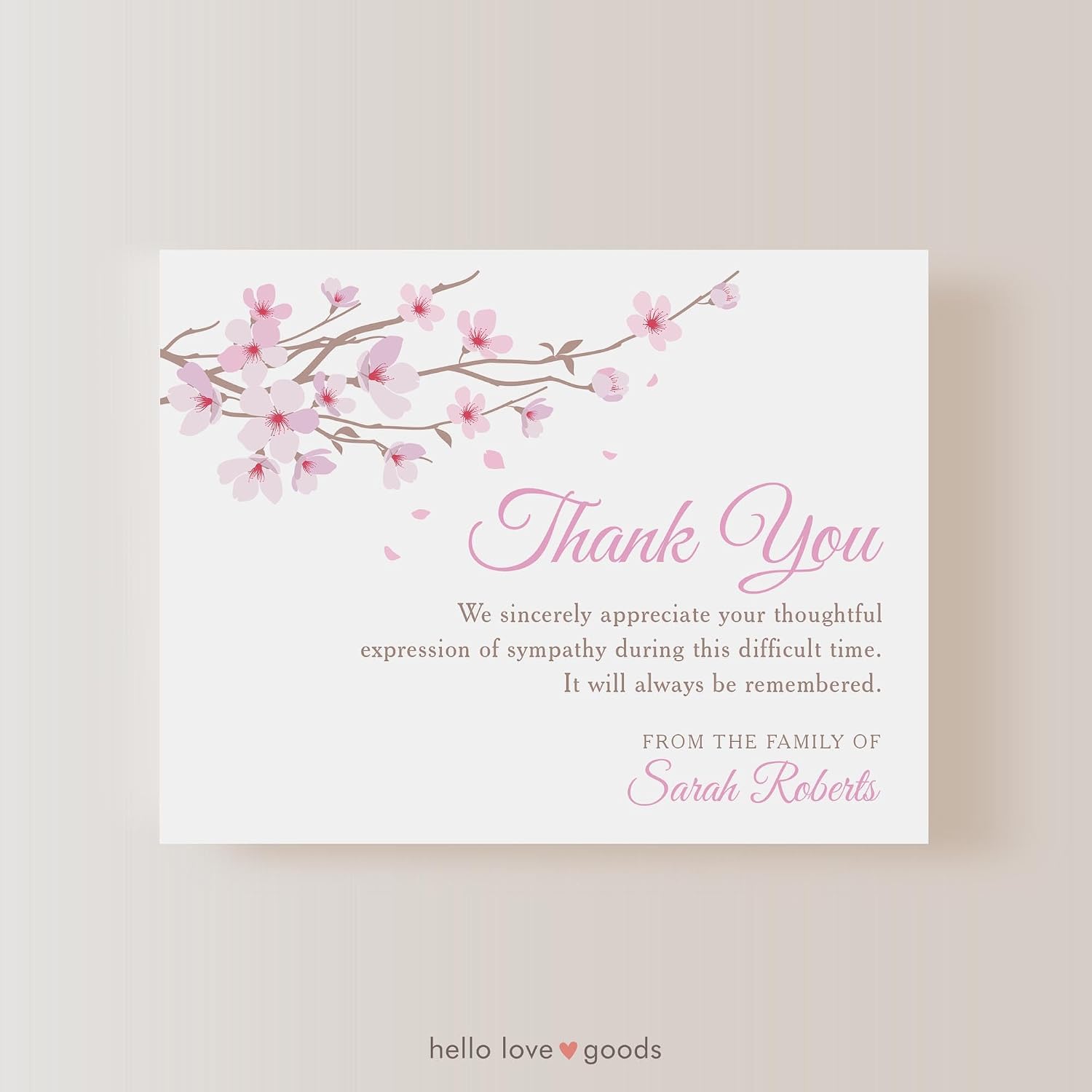 Pink Floral Cherry Blossom Sympathy Thank You Cards, Funeral Thank You Cards, Personalized Bereavement Notes with Envelopes, 5.5x4.25 Flat Notecards (Pink & White, Flat Notecard)