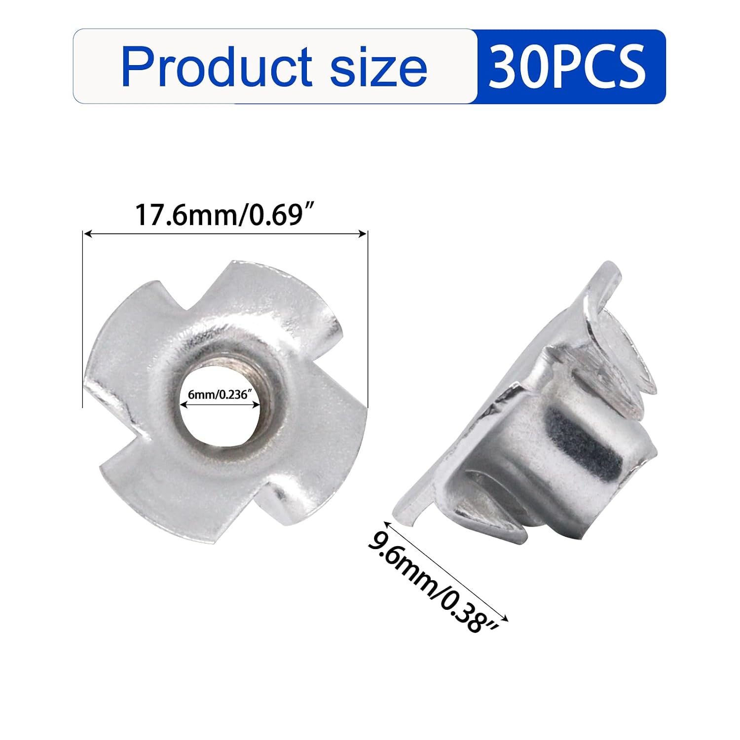 30Pcs T-Nuts 4-jaw, Zinc-Plated Steel T-nut for Wood (M6)
