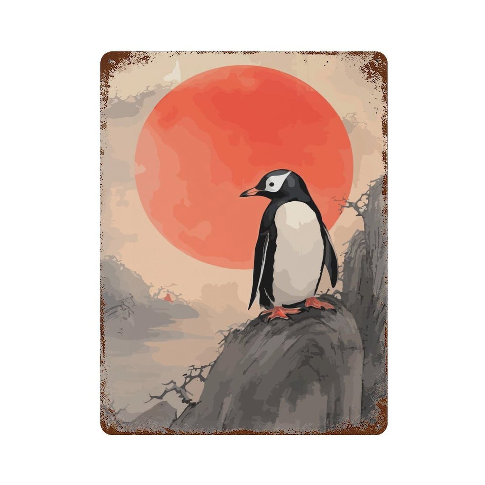 Penguin Japanese Painting Aged Metal Wall Plaque 15.7"x11.8", Industrial Home Decor for Pub, Kitchen And Man Cave Decor