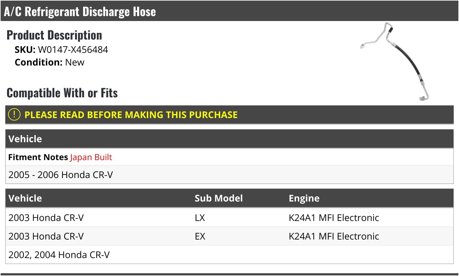 Marketplace Auto Parts A/C Discharge Hose - Compatible with 2002-2006 Honda CR-V K24A1 MFI Electronic (for 2005-2006 Japan Built Vehicles)