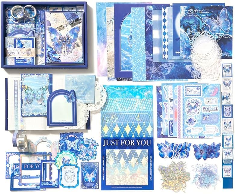 RUJVE Scrapbook Stickers Pack, Art Journal Kit, Bullet Junk Journal Planners DIY Decoration Paper Stickers Craft Kits Notebook Album Aesthetic Tape,Journaling Gift for Girl (Blue Butterfly Scrapbook)