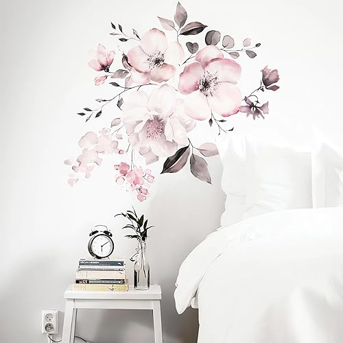 Miniatura 5 de Calcomanías de pared de flores de peonía rosa, sacinora acuarela romántica floral, calcomanías de pared de vinilo removible para niñas, guardería,