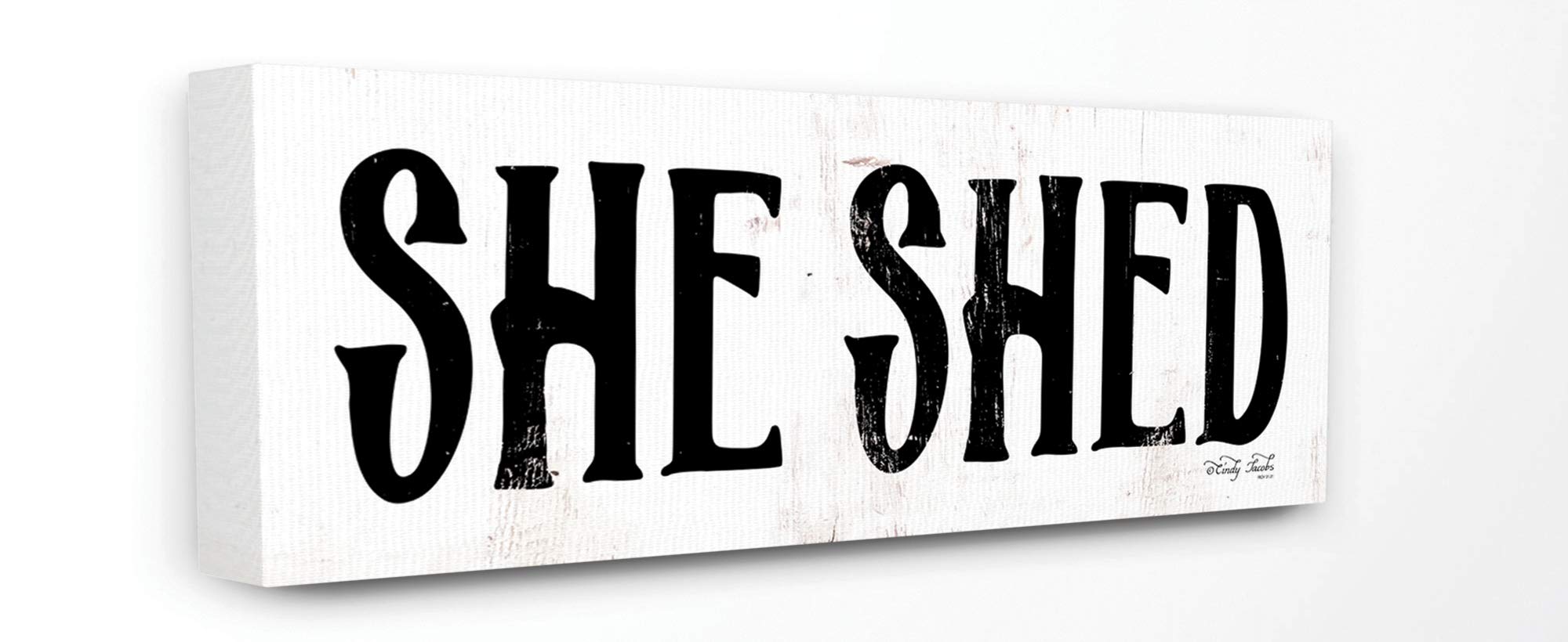 Stupell Industries She Shed Black and White Textured Word Canvas Wall Art, 13 x 30, Design By Artist Cindy Jacobs