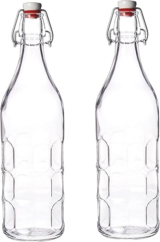 Bormioli Rocco Juego de 2 botellas Moresca, 33.75 onzas, vidrio texturizado transparente, con tapa hermética abatible, botella de agua a prueba de