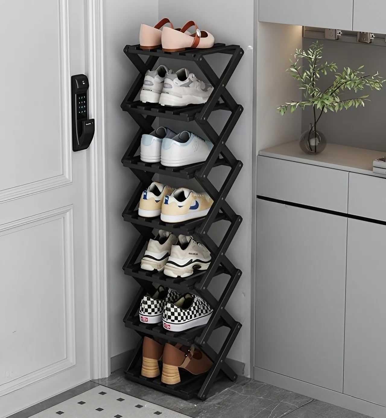Étagère à chaussures pliable sans montage en bambou noir à 7 niveaux