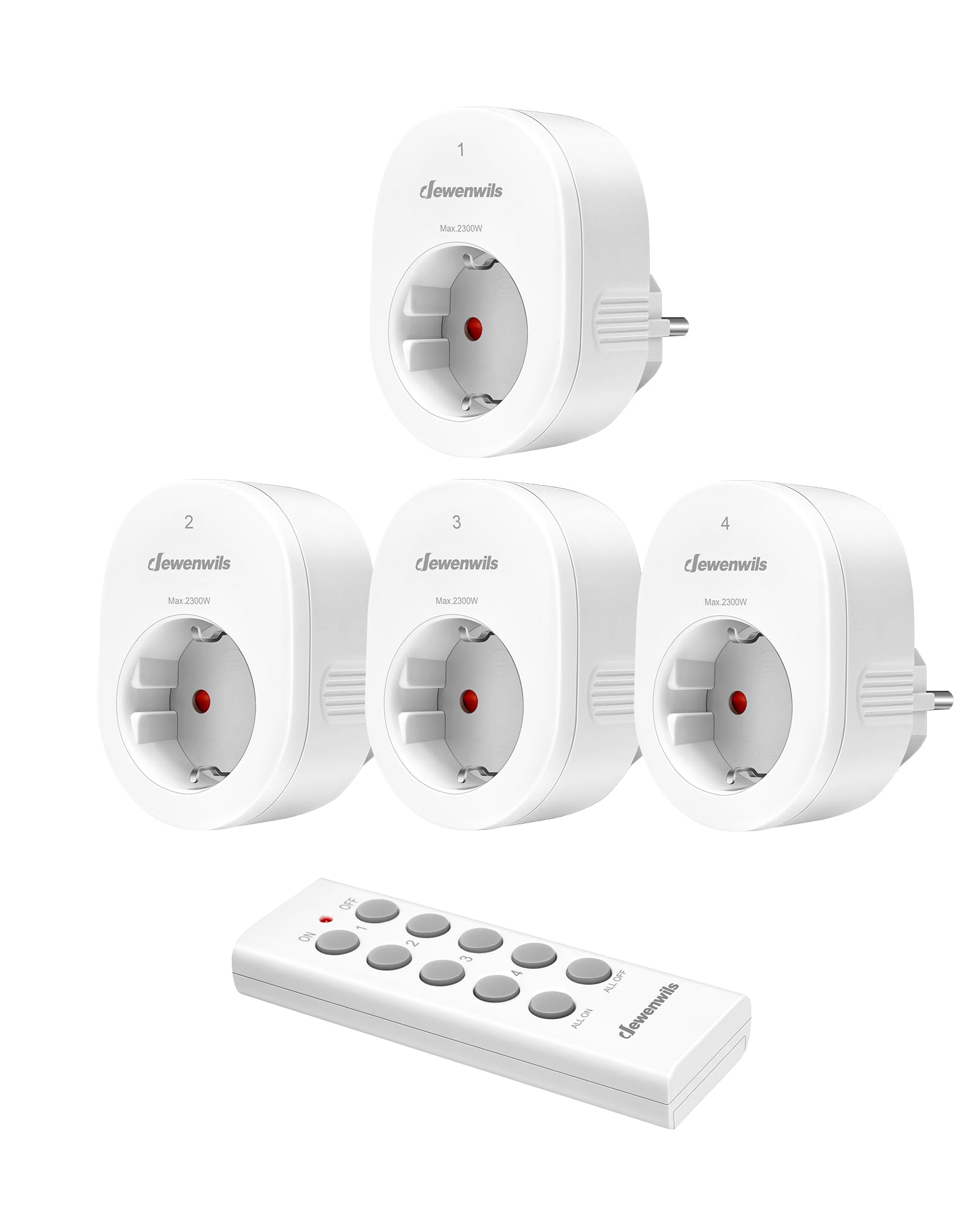DEWENWILS Enchufes radiocontrolados con mando a distancia, 2300W enchufe con 1 mando a distancia, alcance 30M juego de 4 enchufes radiocontrolados, programables y ampliables, blanco Global Recycled Standard Global Recycled Standard Global Recycled Standard