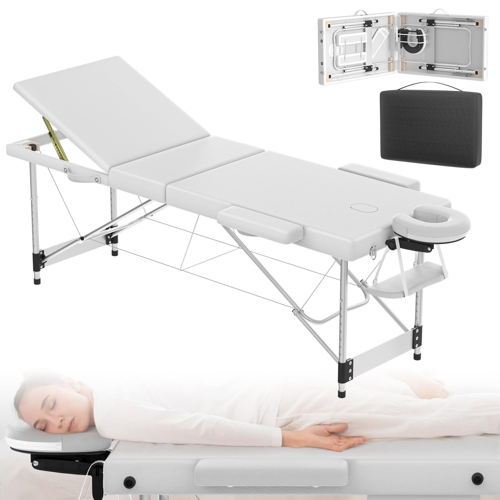 ACXIN Mobilny stół do masażu, 3 strefy, składany i z regulacją wysokości, z aluminiową ramą i wyściółką 8,5 cm, obciążenie do 230 kg, łącznie z zagłówkiem, podłokietnikami i torbą do przenoszenia