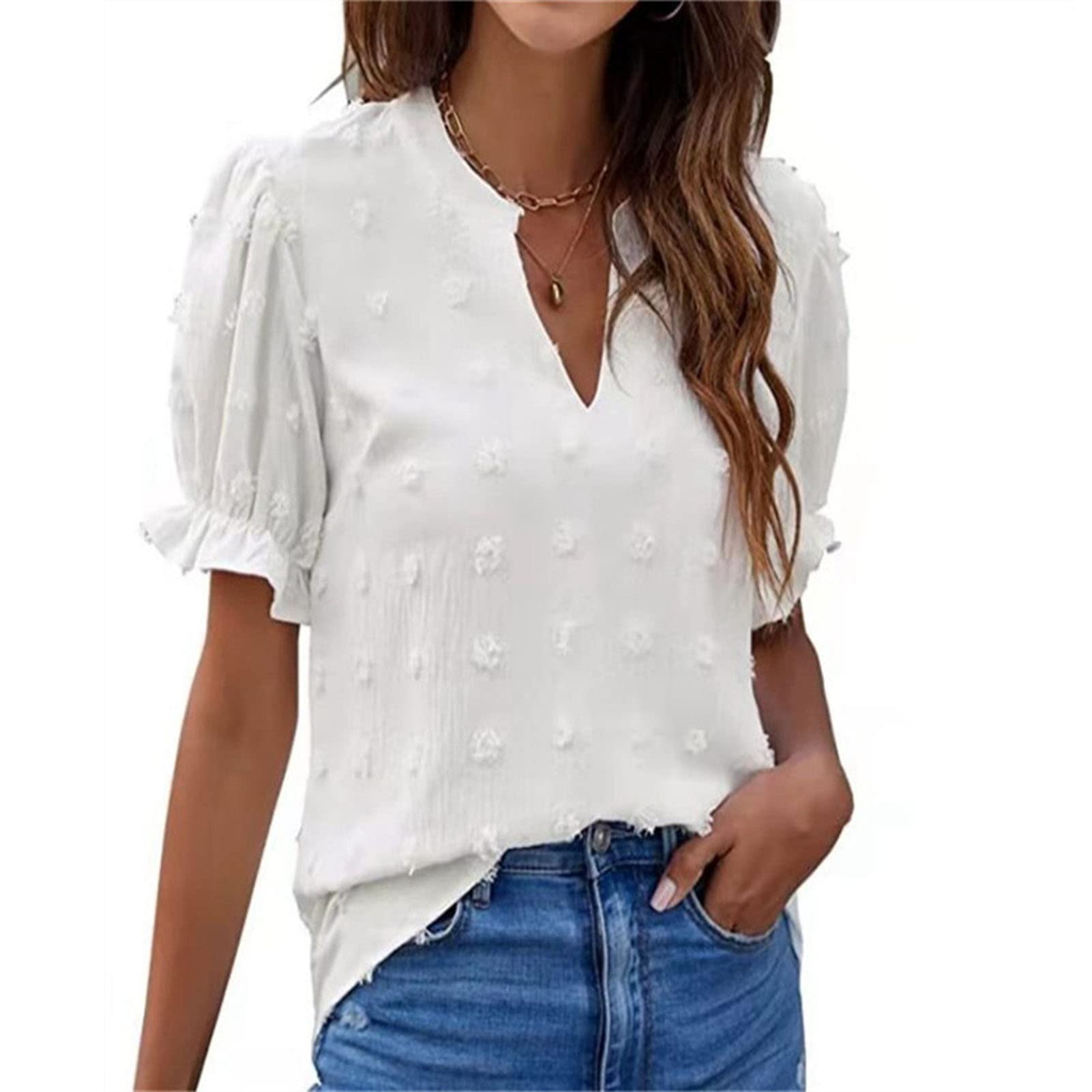 Ausla Camisas de Chifón para Mujer Blusas Informales de Verano Blusas con Pompón de Lunares Suizos de Manga Corta con Cuello de Pico