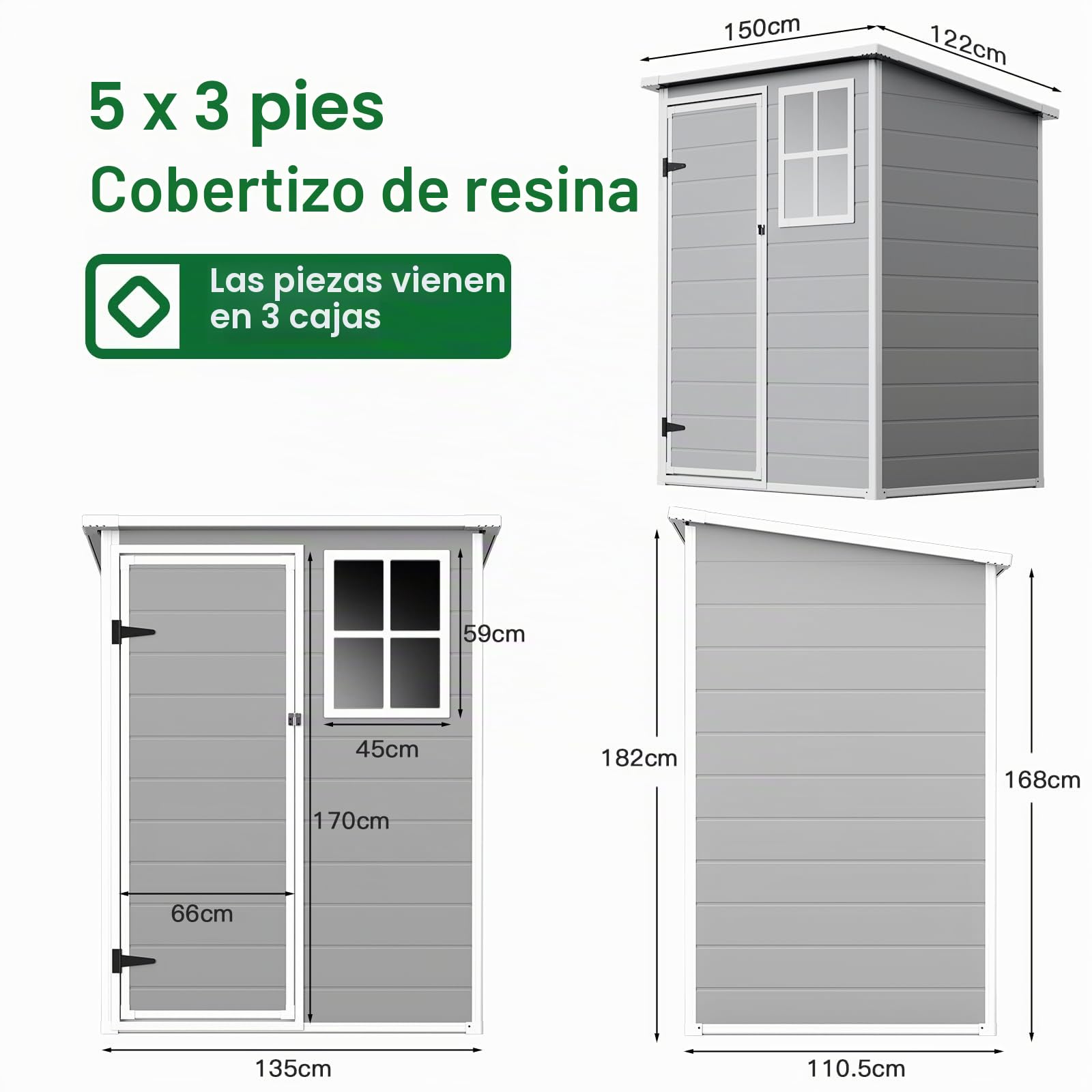 Caseta de plástico 138 × 110,5 × 182 cm, cobertizo con ventanas, techo inclinado y puerta segura, para guardar herramientas de jardín. Incluye placa de suelo, ideal para jardín, terraza
