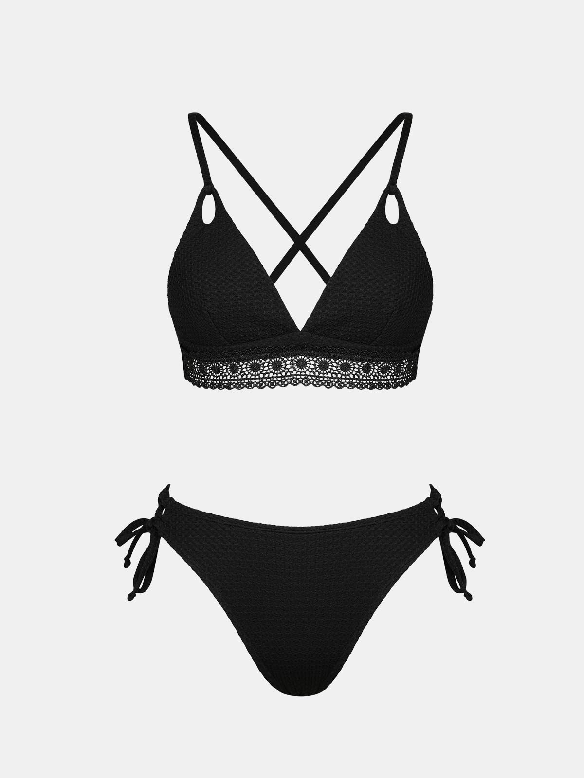 CUPSHE Damen Bikini Set V Ausschnitt Triangel Lace Trim Low Waist Schnürung Texturierte Bademode Zweiteiliger Badeanzug Swimsuit