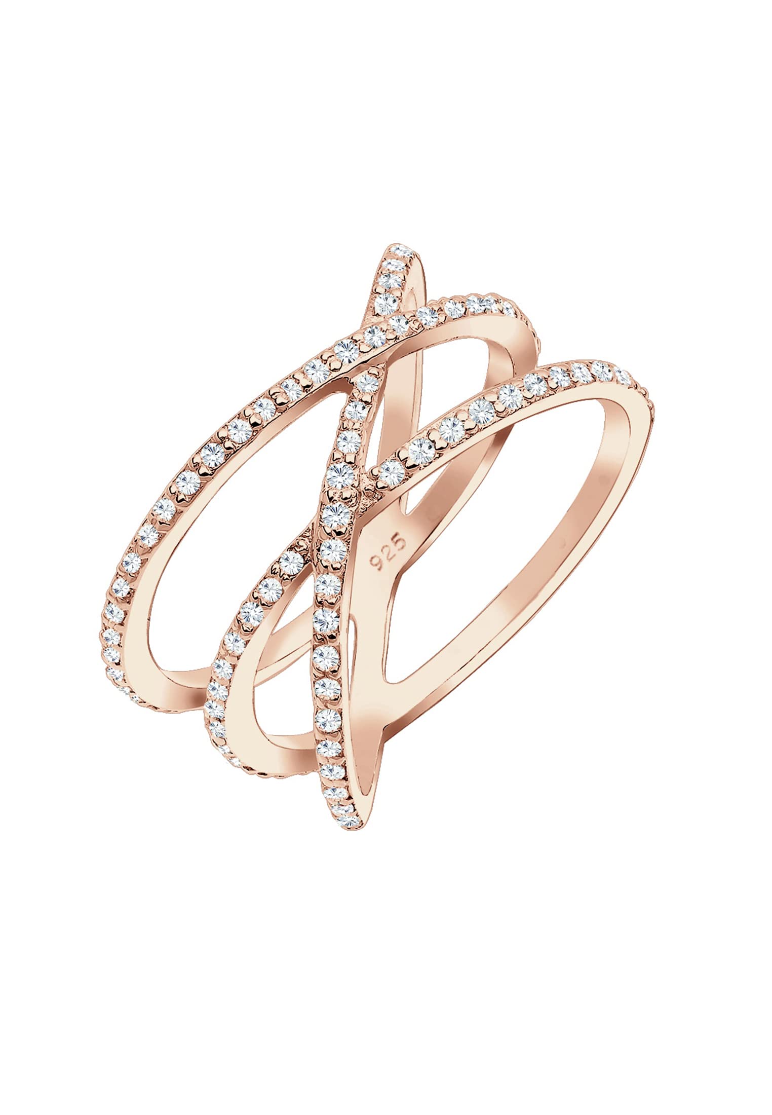 Elli Women's 925 Sterling Silver Xilion Cut Zirconia Rose Gold Plated Crossed Ring, Size Q