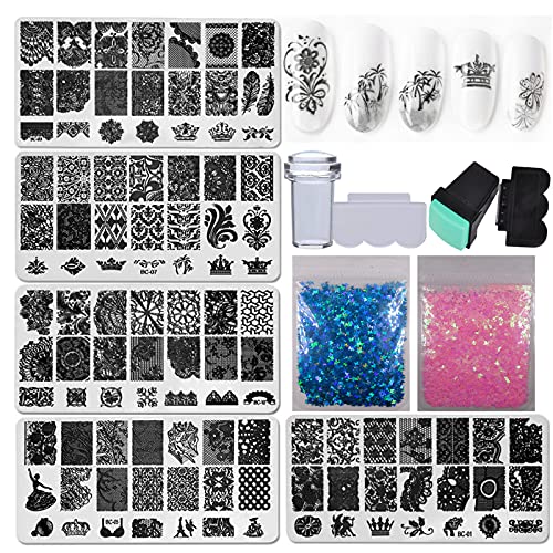 Loveourhome Nail Art Stamping Kit 5Pc Crown Feather Geometric Nail Stamping Plate Template With 2 Silicone Stampers Scrapers 10G Holographic Butterfly Glitter Flakes For Acrylic Tips Design #TOP15