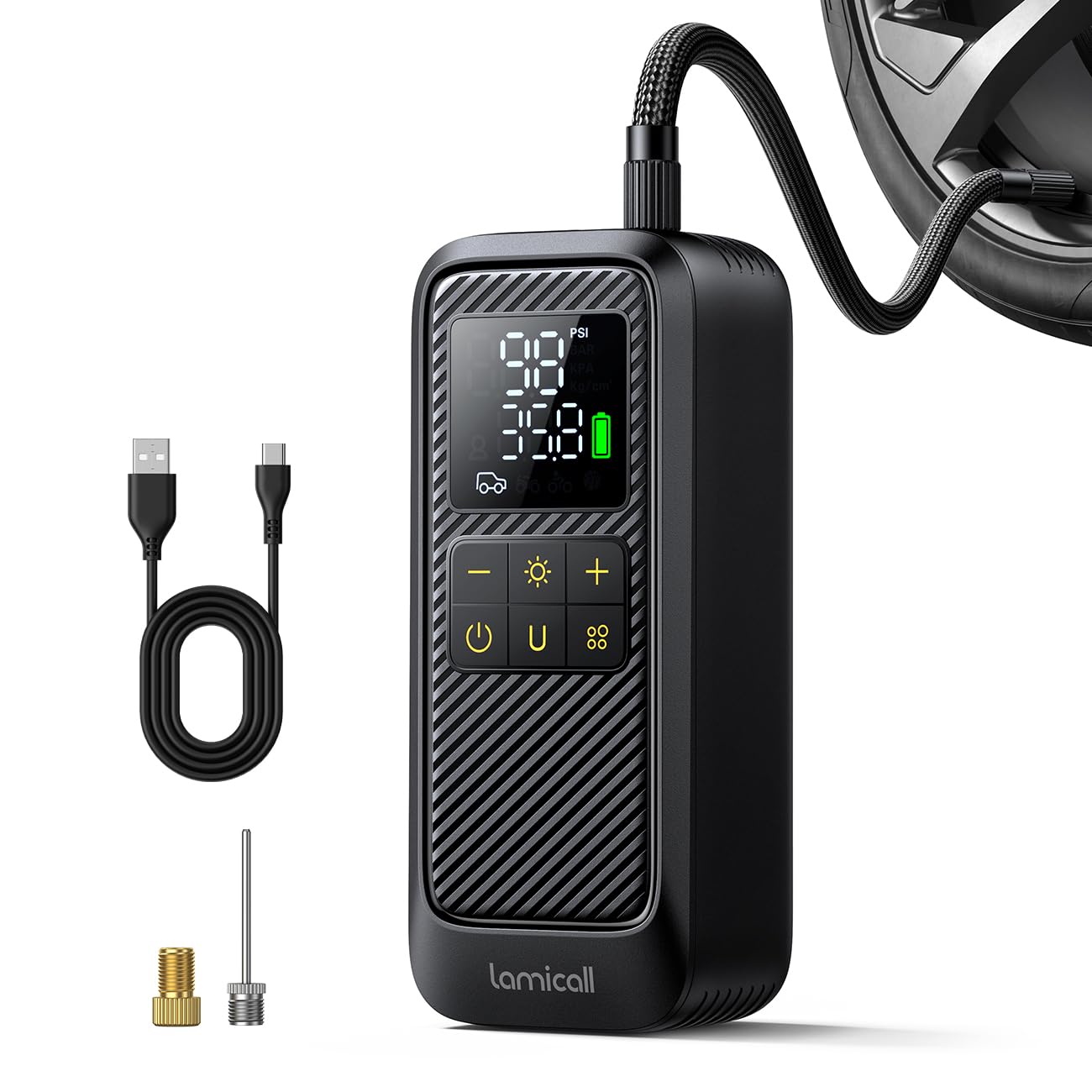 Lamicall Bomba de Bicicleta, Compresor Aire Portatil - [150 PSI Inflación Rápida & Parada Automática] Inflador Rueda con HD Pantalla LED y Luz de Emergencia, con Boquillas para Coche/Bici/Moto/Pelota