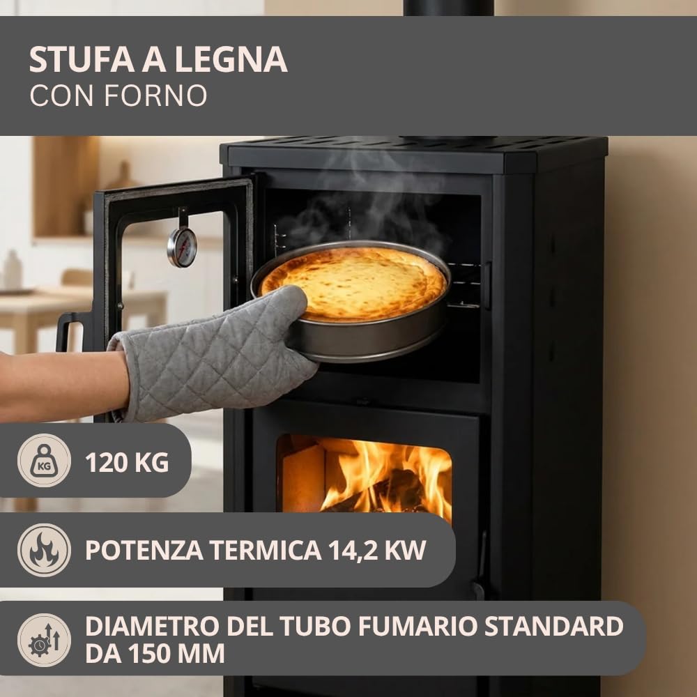 Prity FM D - Stufa a legna con forno e rivestimento d'acqua, riscaldamento centralizzato, certificato CE, stufa a legna