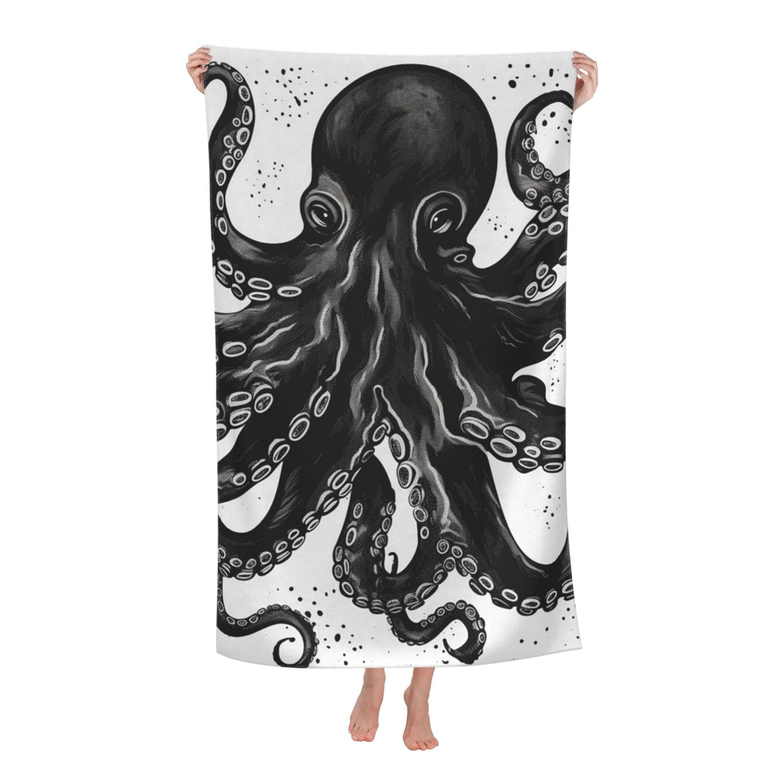 FodPand Classic Black Octopus Beach Towel Oversized 52 x 32 in Sand Free Pool Swim Towels for Adult Travel Blanket Lightweight Quick Dry Absorbent Bath Towels Cruise Vacation Accessories