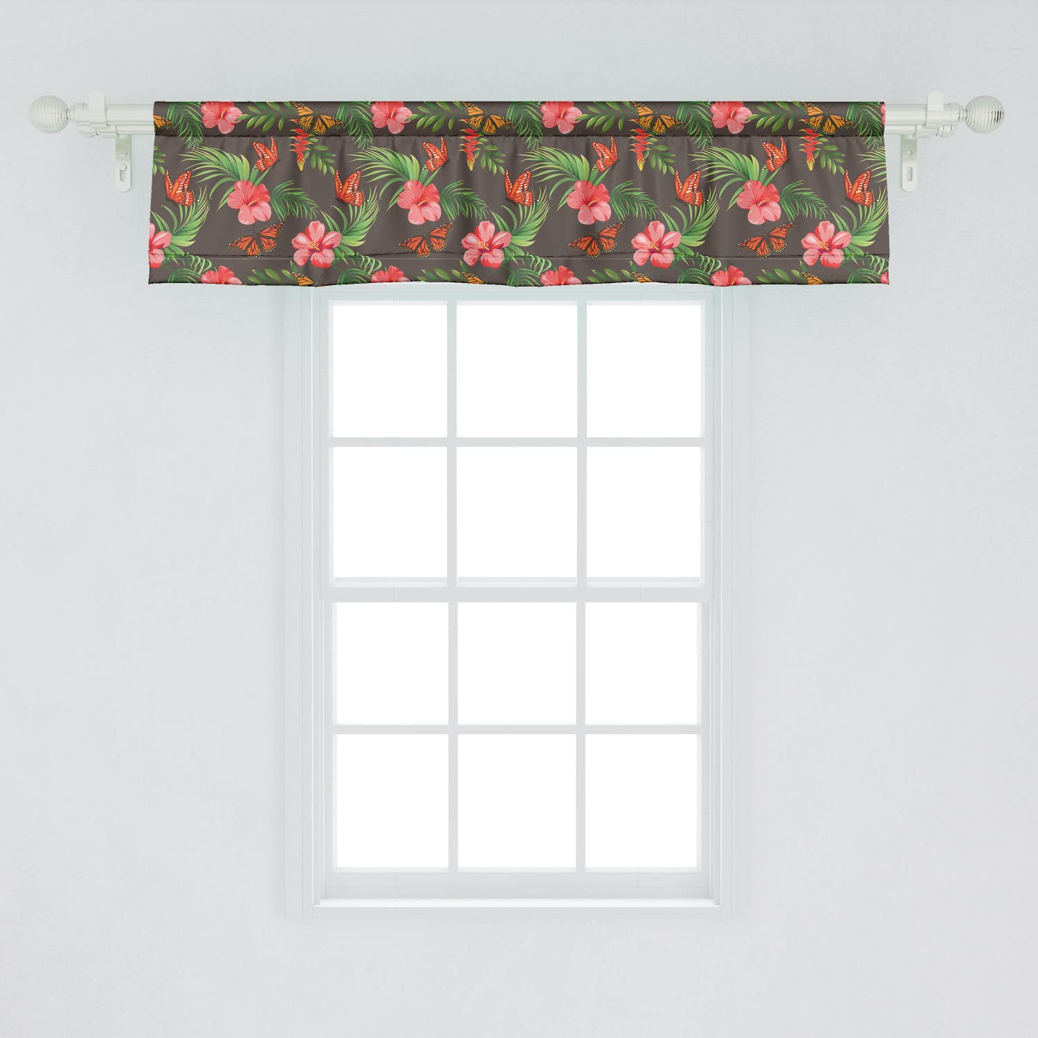 AmbesonneTropical Window Valance Pack of 2, Exotic Butterflies Flourishes on a Dark Taupe Background, Rod Pocket Curtain Valances for Kitchen Bedroom, 54" X 12", Pale Orange Coral