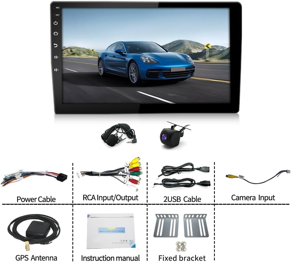 Included components for the Dfuorty car stereo: car stereo unit, power cable, RCA cables, USB cables, GPS antenna, AHD camera, microphone, bracket screws, and instruction manual.