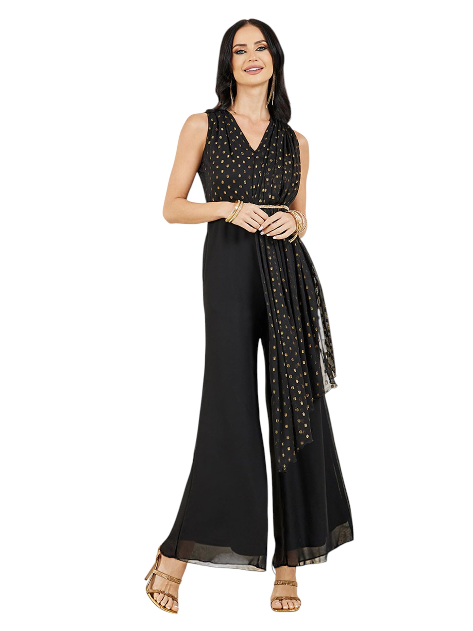 miss chase Women's Self Design V Neck Sleeveless Polyester Pleated Regular Length Jumpsuit-picture-22