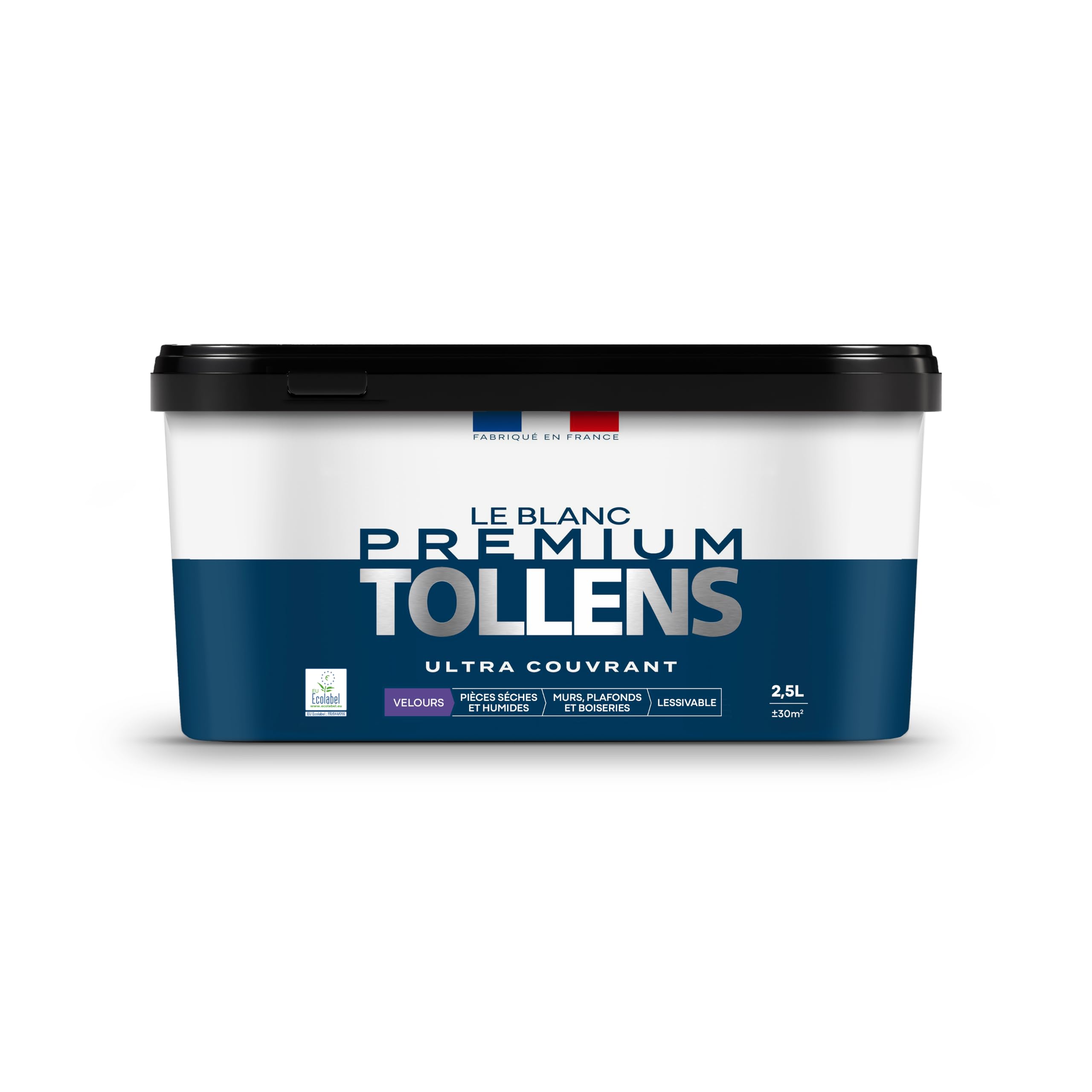 Tollens - Peinture Blanche - Murs, Plafonds & Boiseries - Blanc Premium - Pièces Sèches et Humide - Ultra couvrante - Lessivable - Rapide - Ecolabel - Velours - BLANC - 2L5 = 30m²