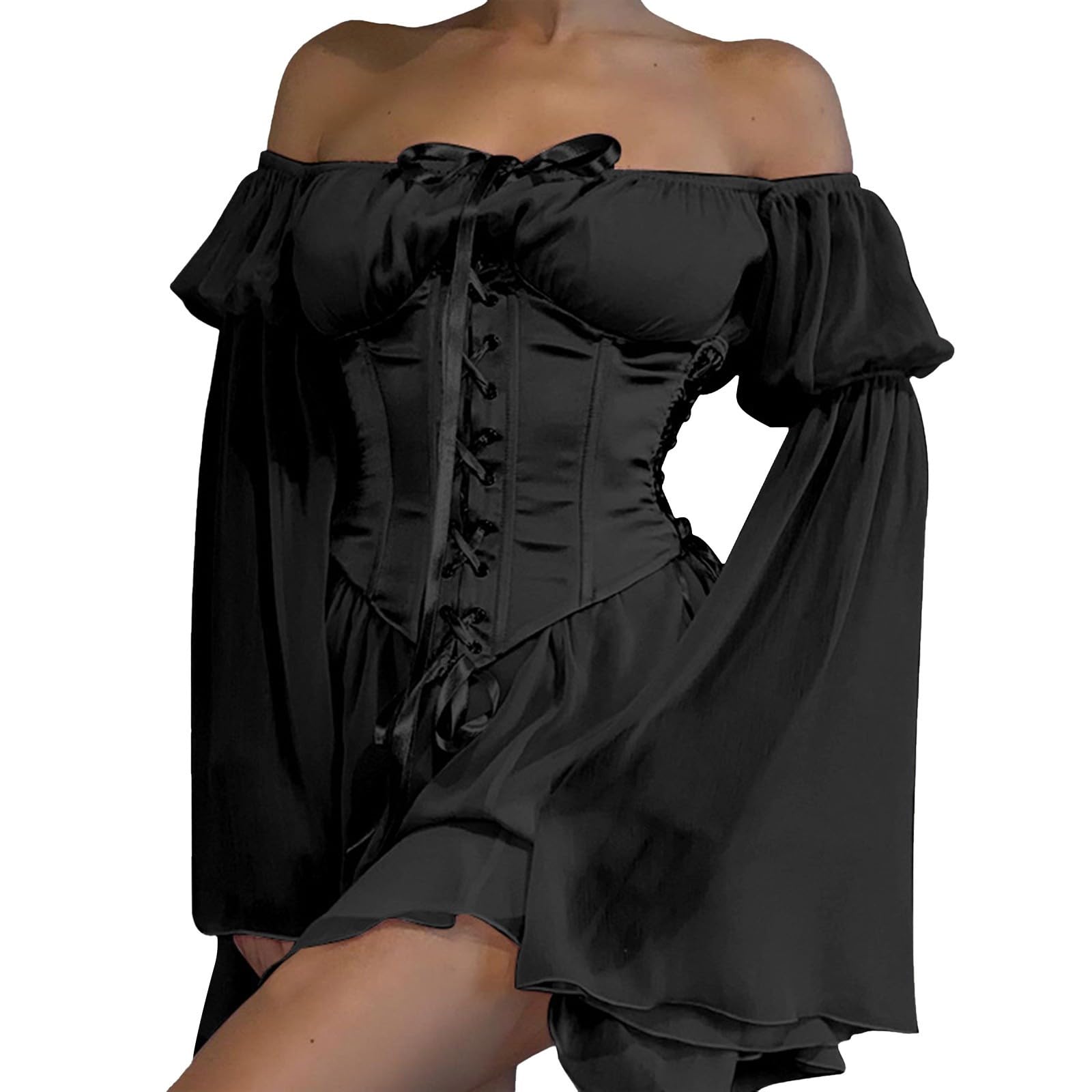 Didadihu Piratin Kostüm Piratenkostüm Damen Sexy Weißes Piratenkleid Piraten Feen Kleid Rüschenkleid Mit Langen Puffärmeln, Faschingskostüme Fasching Kostüm Frauen Damen