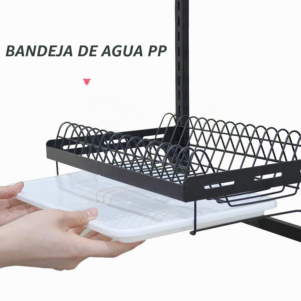 junyuan, Escurridor de Platos Colgante de Pared, Organizador de Platos de Cocina de 3 Niveles con Bandeja de Drenaje con 3 Ganchos, Acero Inoxidable, Altura Ajustable, Negro