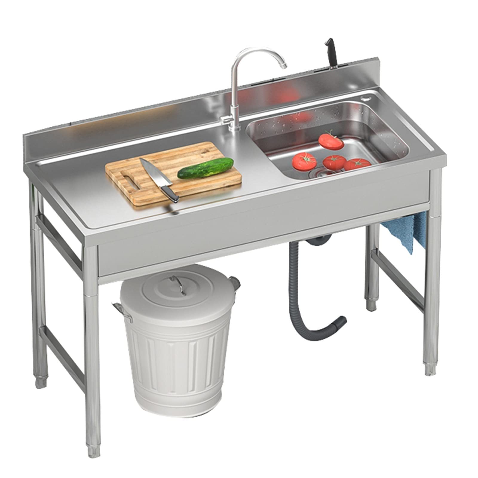 WIQUYBML Free Standing Kitchen Sink, 1 Compartment Stainless Steel Sink with Workbench, Commercial Restaurant Set Prep & Utility Washing Hand Basin for Indoor Outdoor (Color : B, Siz