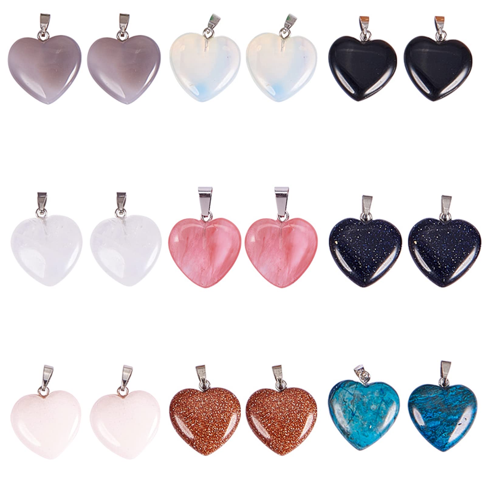 PandaHall Elite 18pcs Heart Natural Gemstone Pendant Sets with Platinum Tone Brass Findings for Jewellery Making, 20-22x20-21x5-8mm, Hole: 2x7mm, 9 Mixed Colors, 20~22x20~21x5~8mm, Platinum Brass
