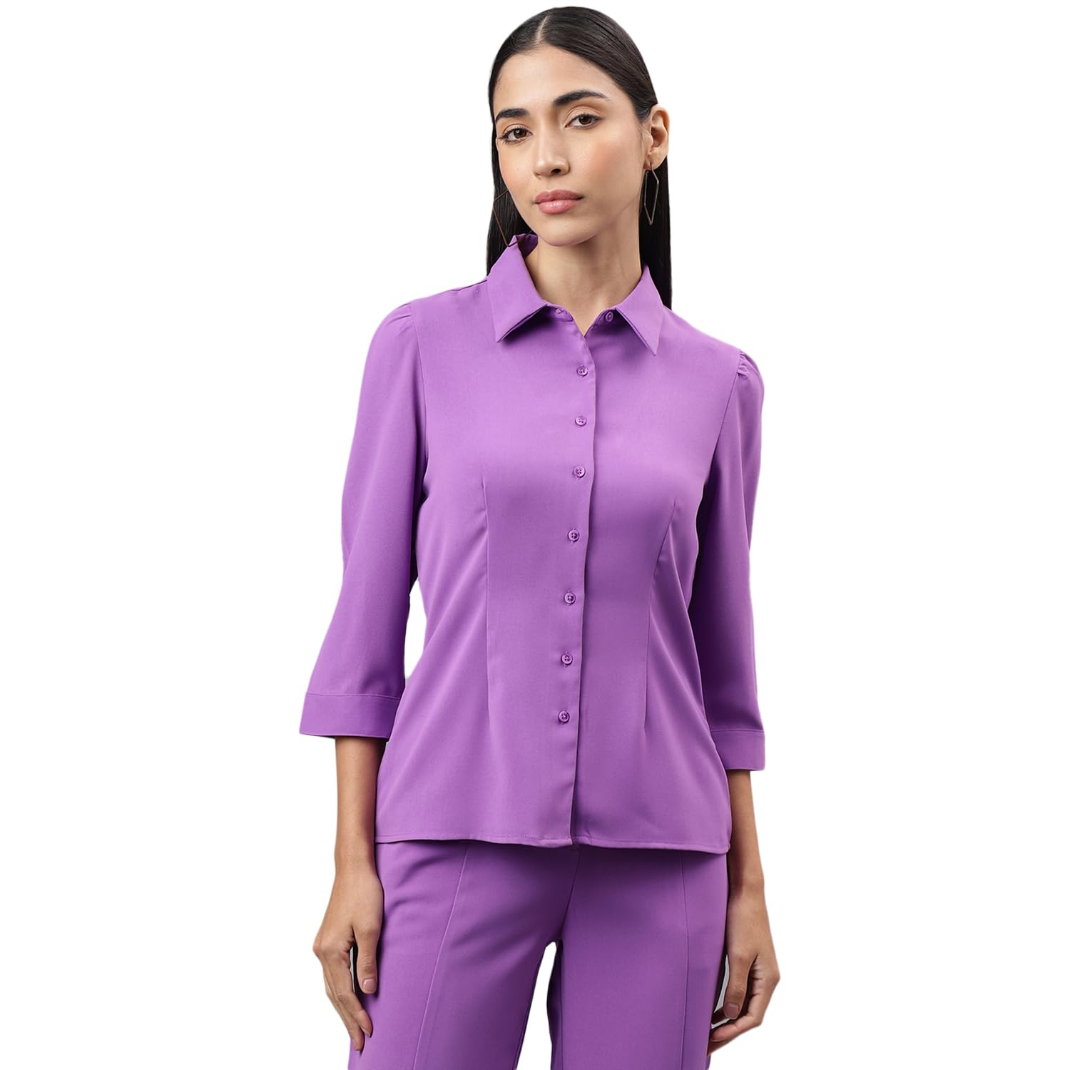 Latin Quarters Women Lavender 3/4 Sleeve V-Neck Solid Top-picture-12