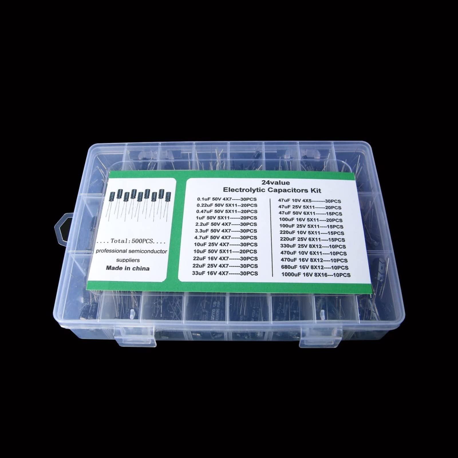 Urządzenia elektroniczne Zestaw kondensatorów 500 szt./partia 0,1UF-1000UF 24 wartości aluminiowe kondensatory elektrolityczne 16-50 V Mix kondensator elektrolityczny Różne zestawy i kondensatory do