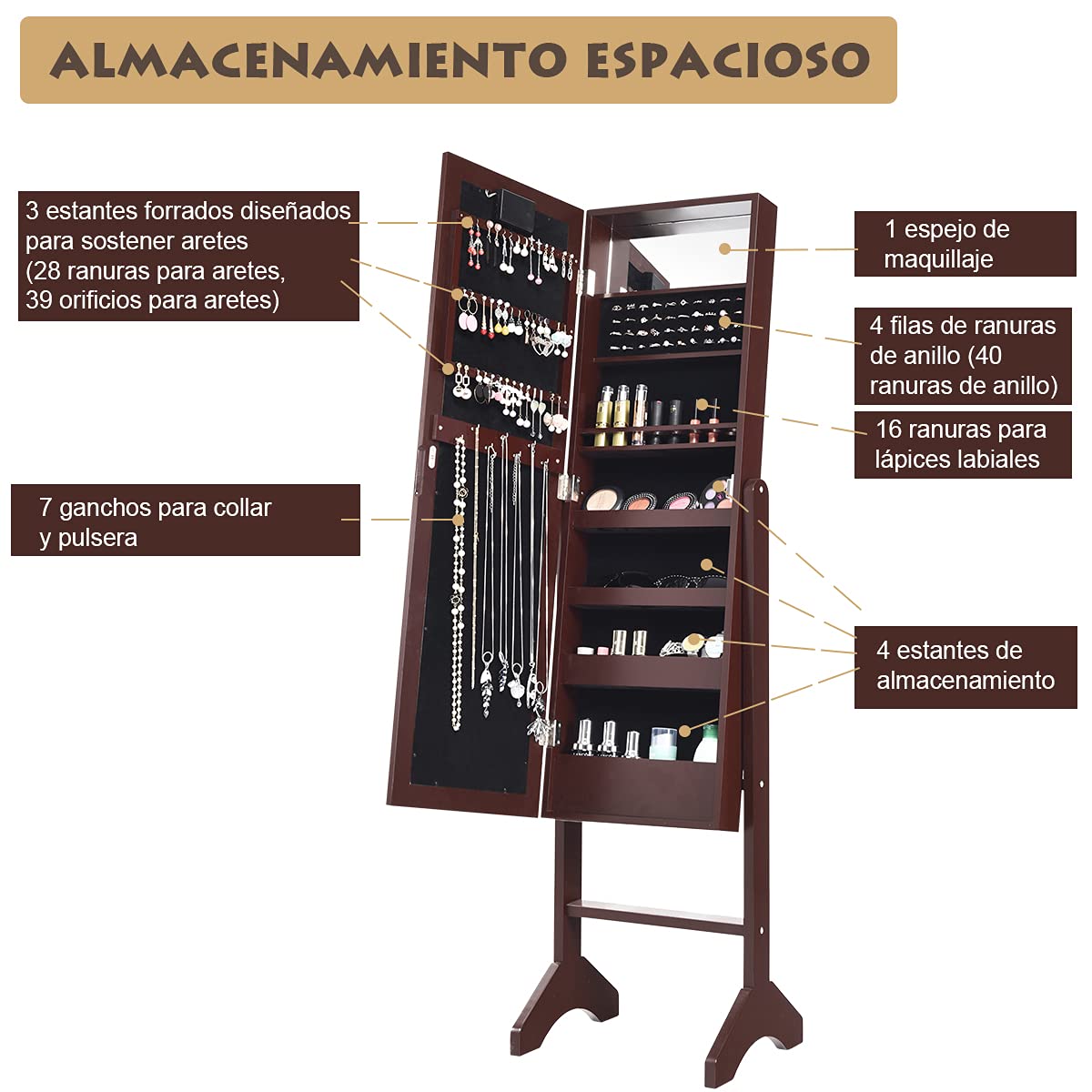 COSTWAY Armario para Joyas Espejo Joyero de Pie con 18 LED, Inclinación Ajustable, Marrón