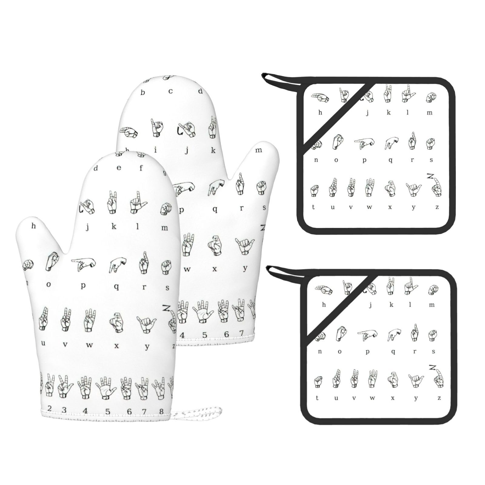 Sign Language Alphabet Printed Potholder and Oven Mitt Set of 4, High Heat Resistant Cooking Gloves for BBQ Grilling