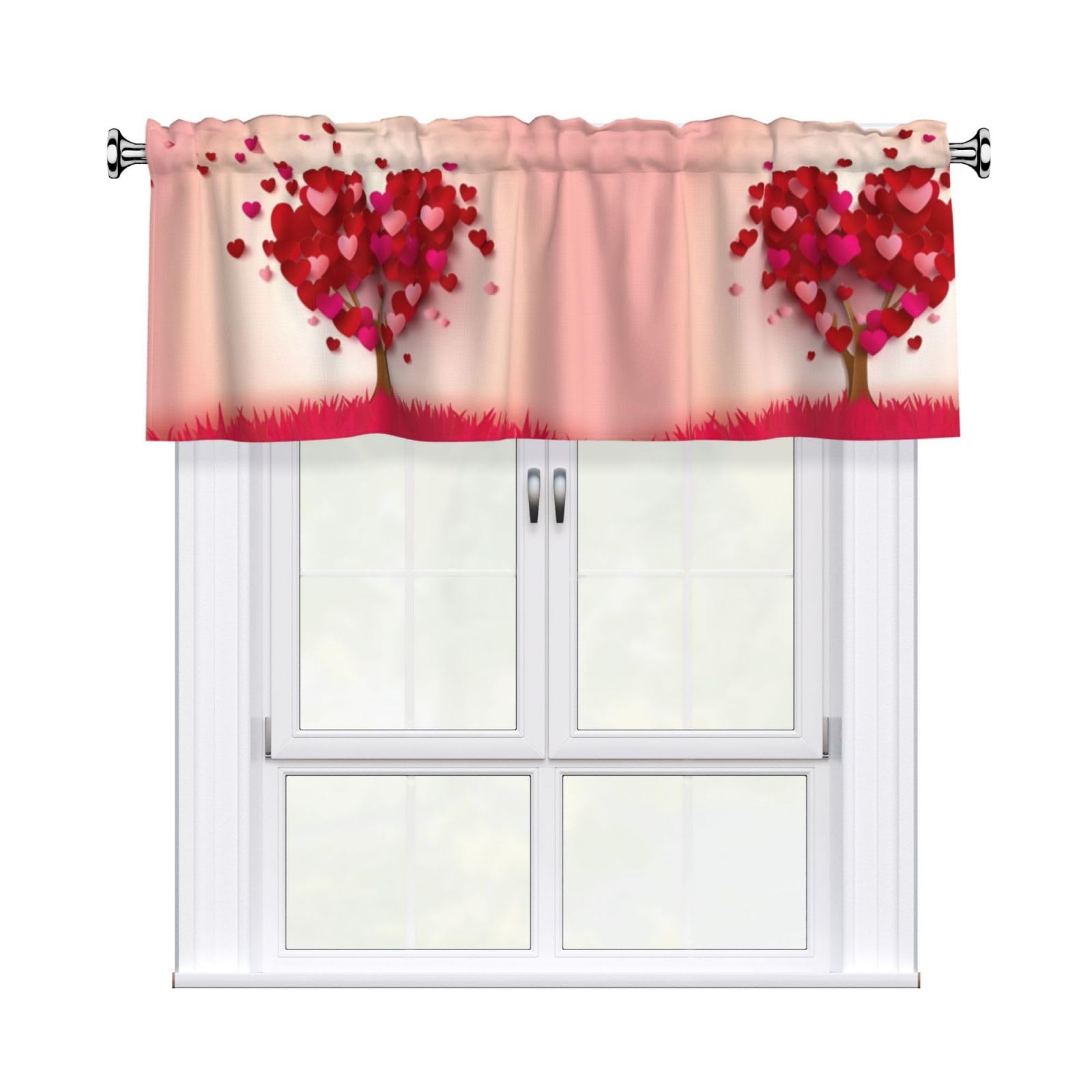 WHJSHOP Heart Tree Prints Curtain Valance 54x18 Inch - Peach Skin Window Layer with Delicate Print, Filtered Light for Kitchen Use
