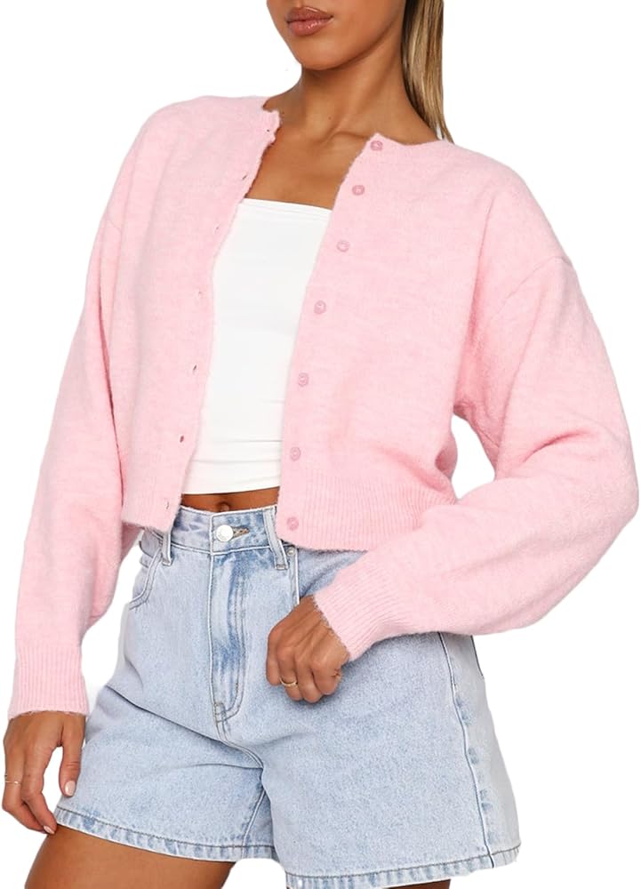 RUEWEY Women Y2k Crew Neck Button Down Long Sleeve Cropped Cardigan Knitted Sweater Light Jacket